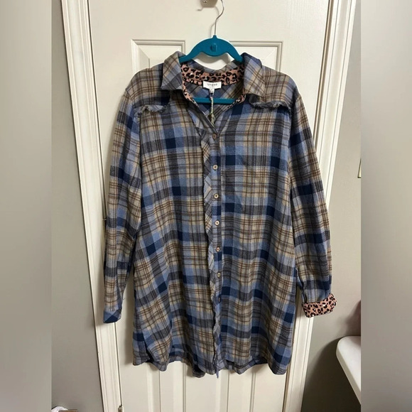 Umgee Dresses & Skirts - Umgee Plaid & Contrasting Leopard Print Button Dress Tunic Size Large NWT